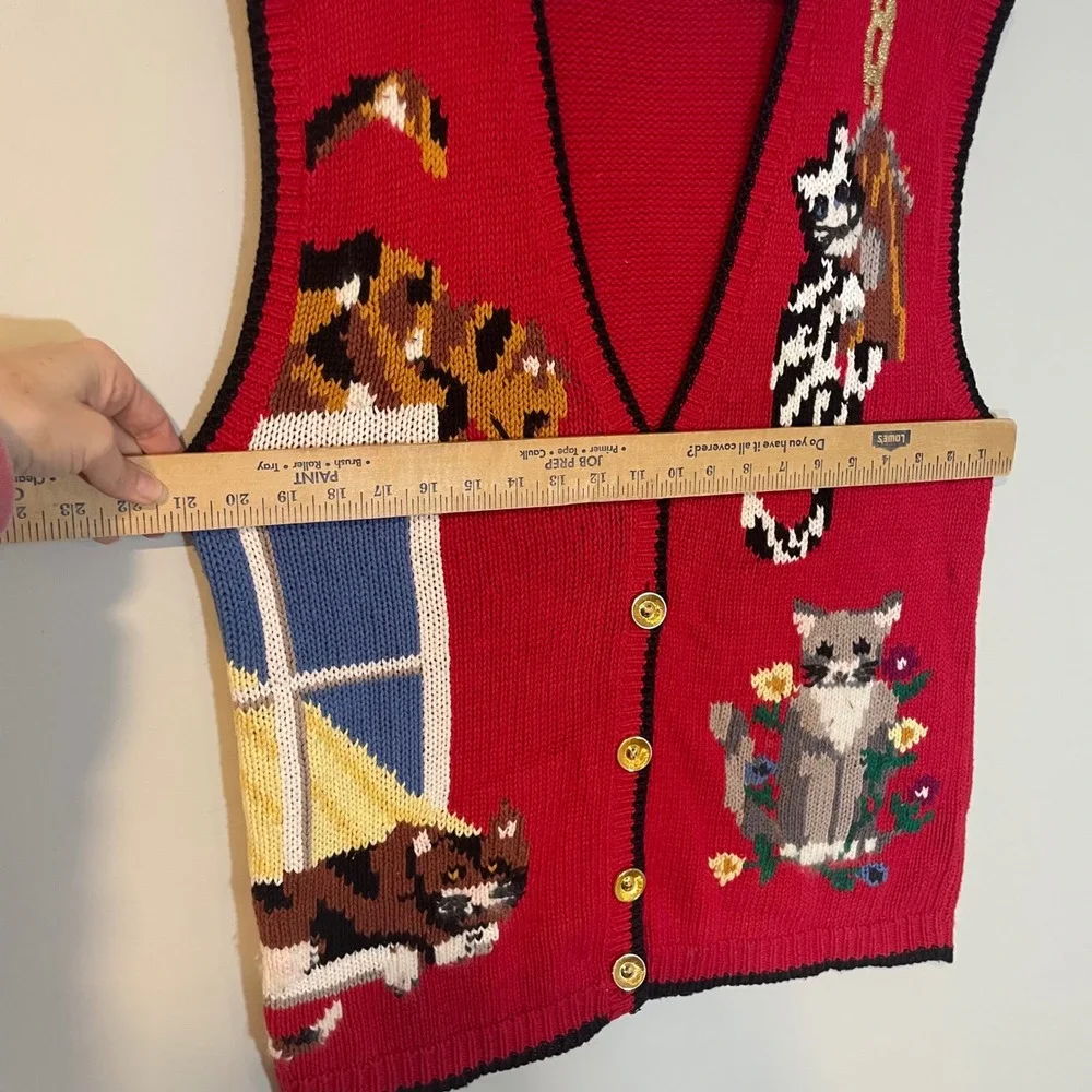 Vintage Cat Vest Sweater Women's 2XL Hand Knit Gold Button Front Red Arlando 80s - Picture 4 of 6